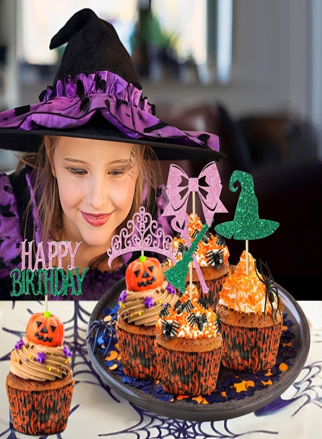 RANERVZ 48Pcs Witch Birthday Cupcake Toppers Pink and Green Witch Themed Cupcake Toppers Bow Crown Witch Hat Cupcake Picks Witch Birthday Party Cupcake Decorations - Image 4